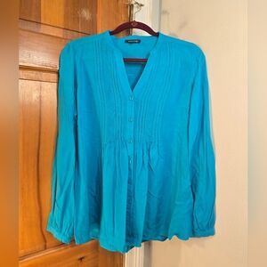 Spense Teal Button-Front Pintuck Blouse Sz M